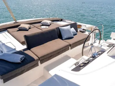 Cockpit of Rapscallion, a Lagoon 46 OW catamaran at Roche Caiman, Seychelles