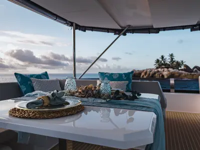 Deck of Rapscallion, a Lagoon 46 OW catamaran at Roche Caiman, Seychelles