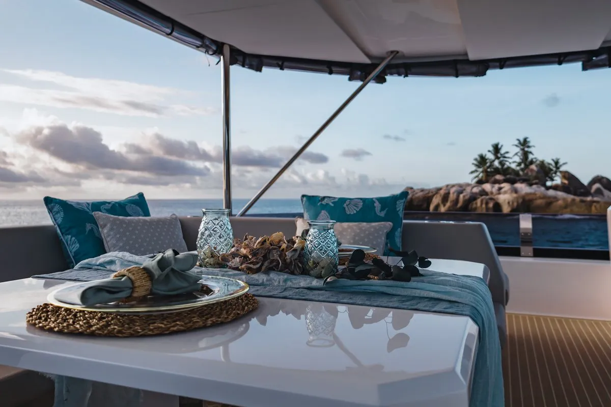 Deck of Rapscallion, a Lagoon 46 OW catamaran at Roche Caiman, Seychelles