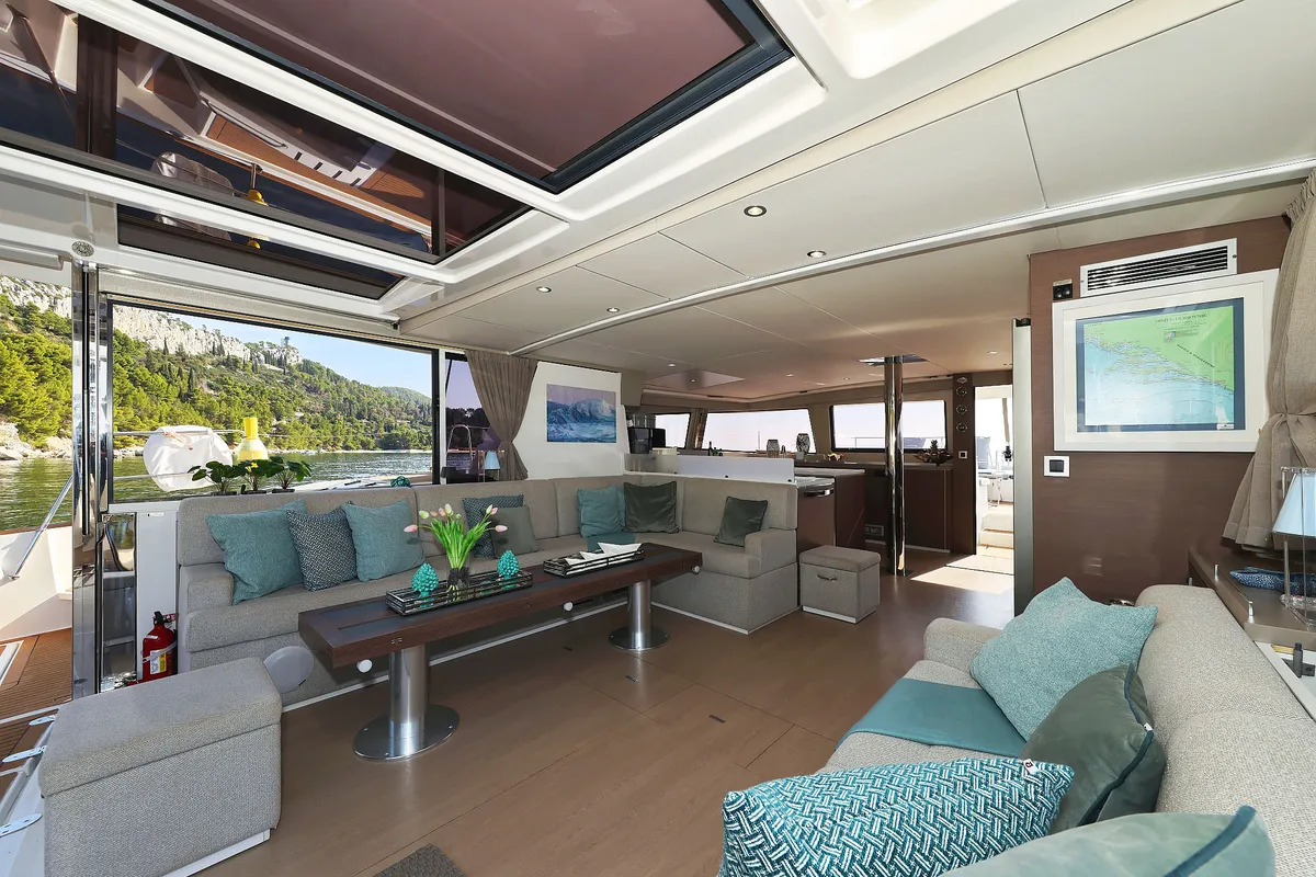 Salon of Marea I, a Bali 5.4 catamaran at Grad Kaštela, Croatia
