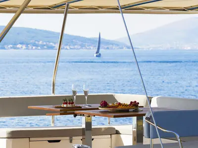 Deck of Marea I, a Bali 5.4 catamaran at Grad Kaštela, Croatia