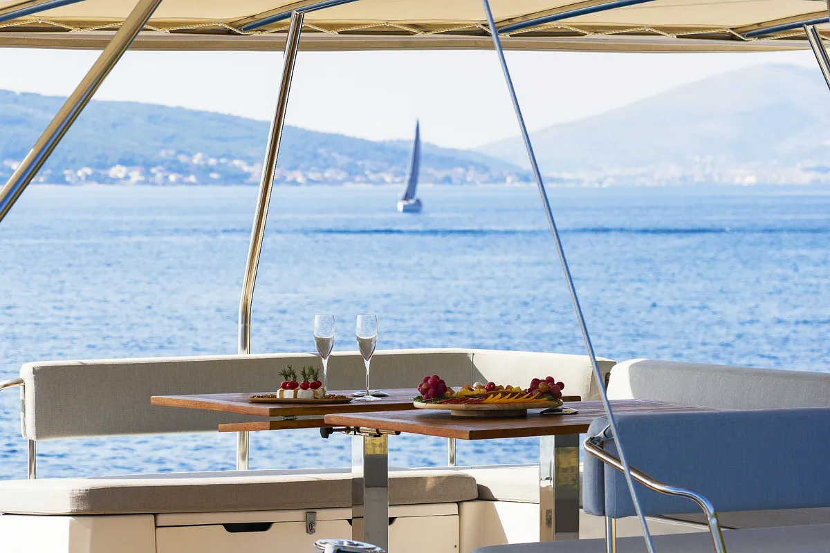 Deck of Marea I, a Bali 5.4 catamaran at Grad Kaštela, Croatia