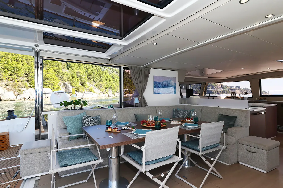 Salon of Marea I, a Bali 5.4 catamaran at Grad Kaštela, Croatia