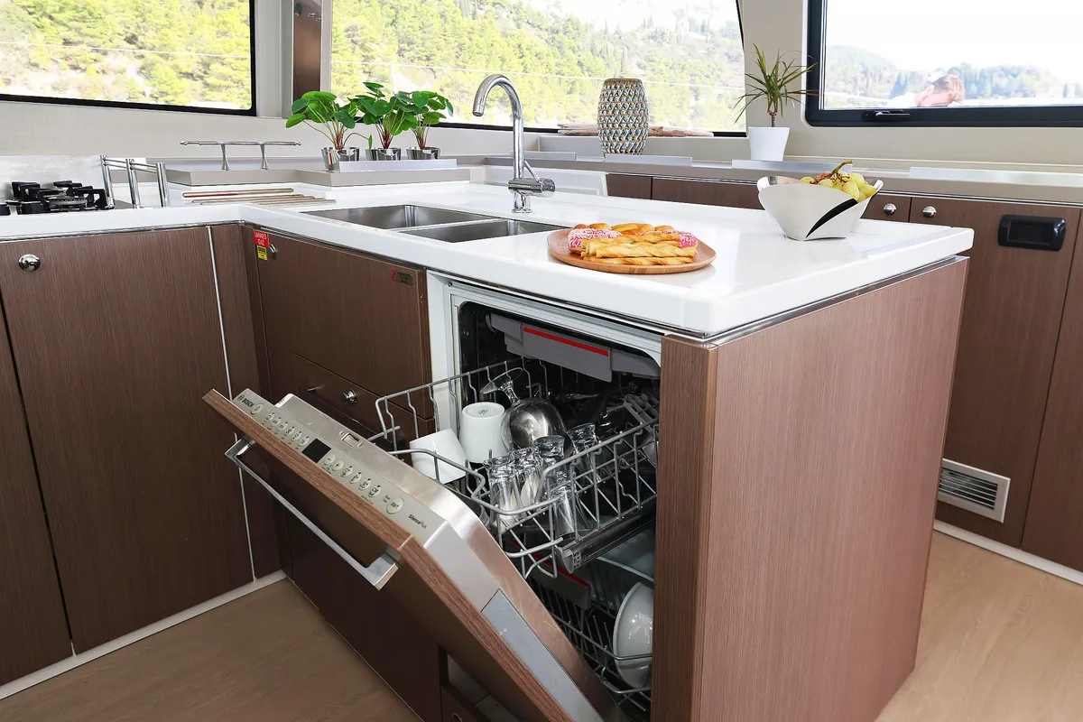 Galley of Marea I, a Bali 5.4 catamaran at Grad Kaštela, Croatia
