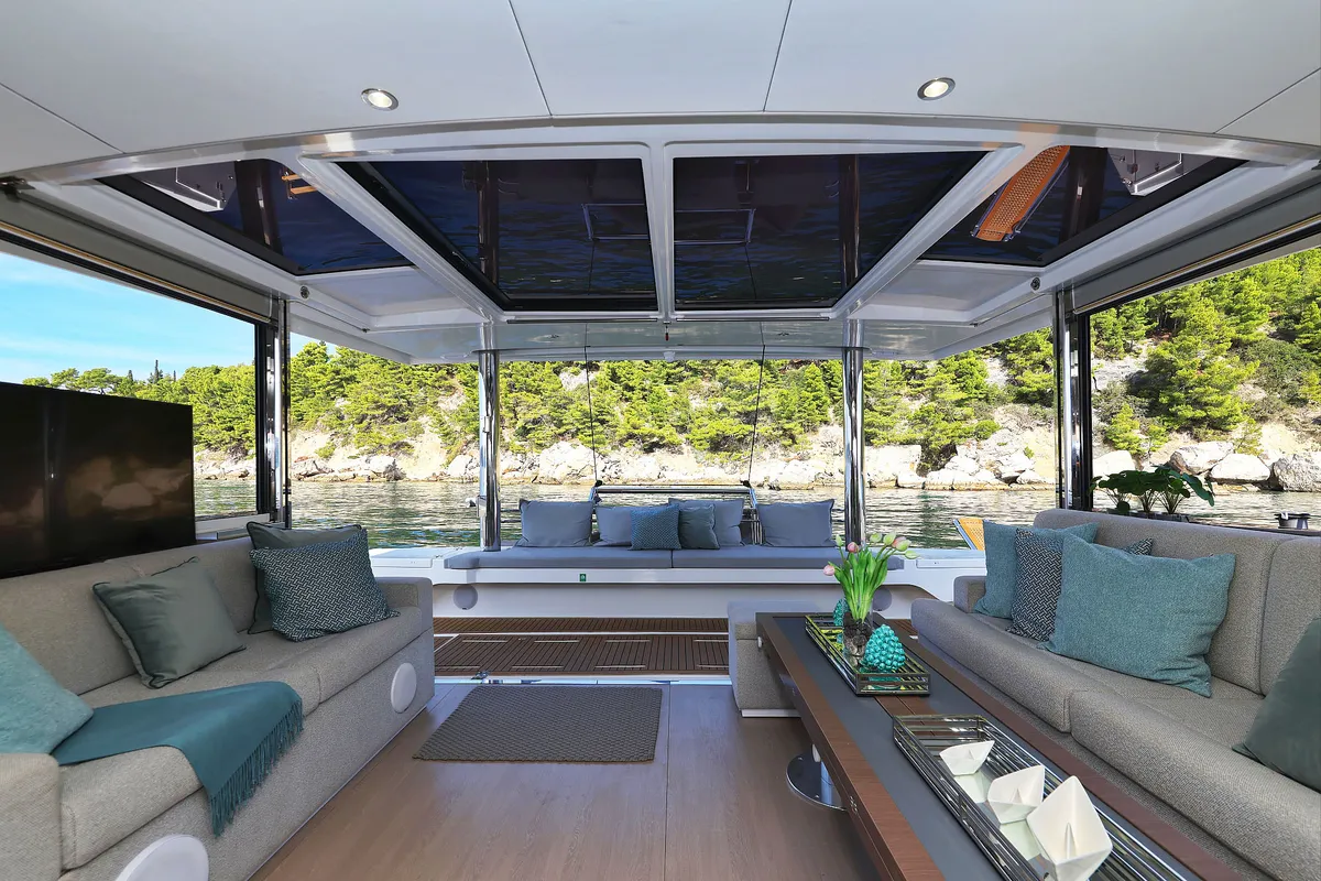 Salon of Marea I, a Bali 5.4 catamaran at Grad Kaštela, Croatia