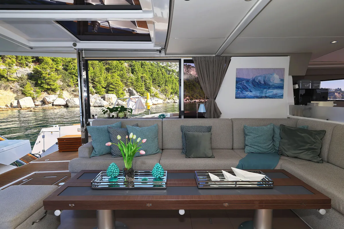 Salon of Marea I, a Bali 5.4 catamaran at Grad Kaštela, Croatia