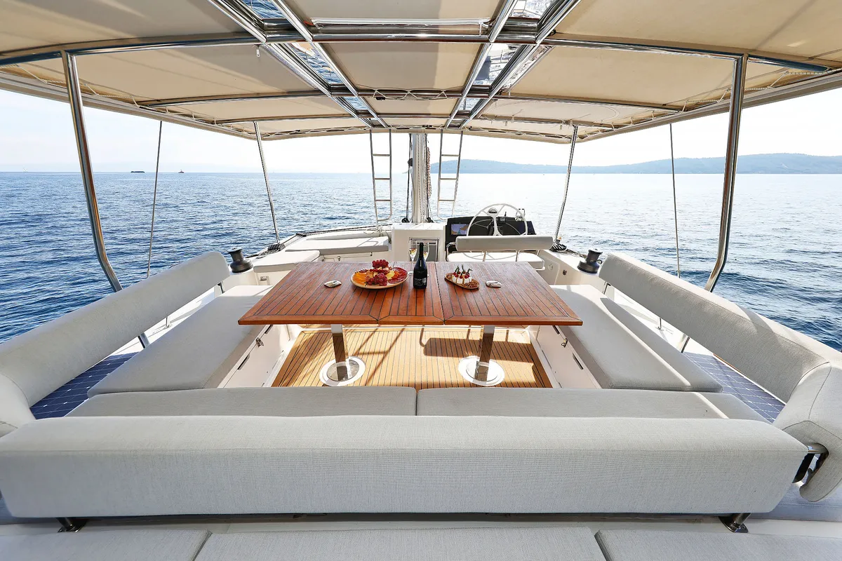 Deck of Marea I, a Bali 5.4 catamaran at Grad Kaštela, Croatia