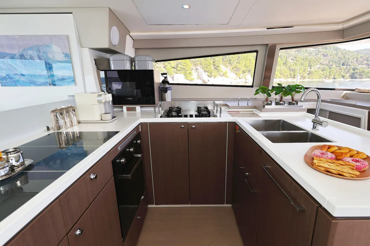 Galley of Marea I, a Bali 5.4 catamaran at Grad Kaštela, Croatia