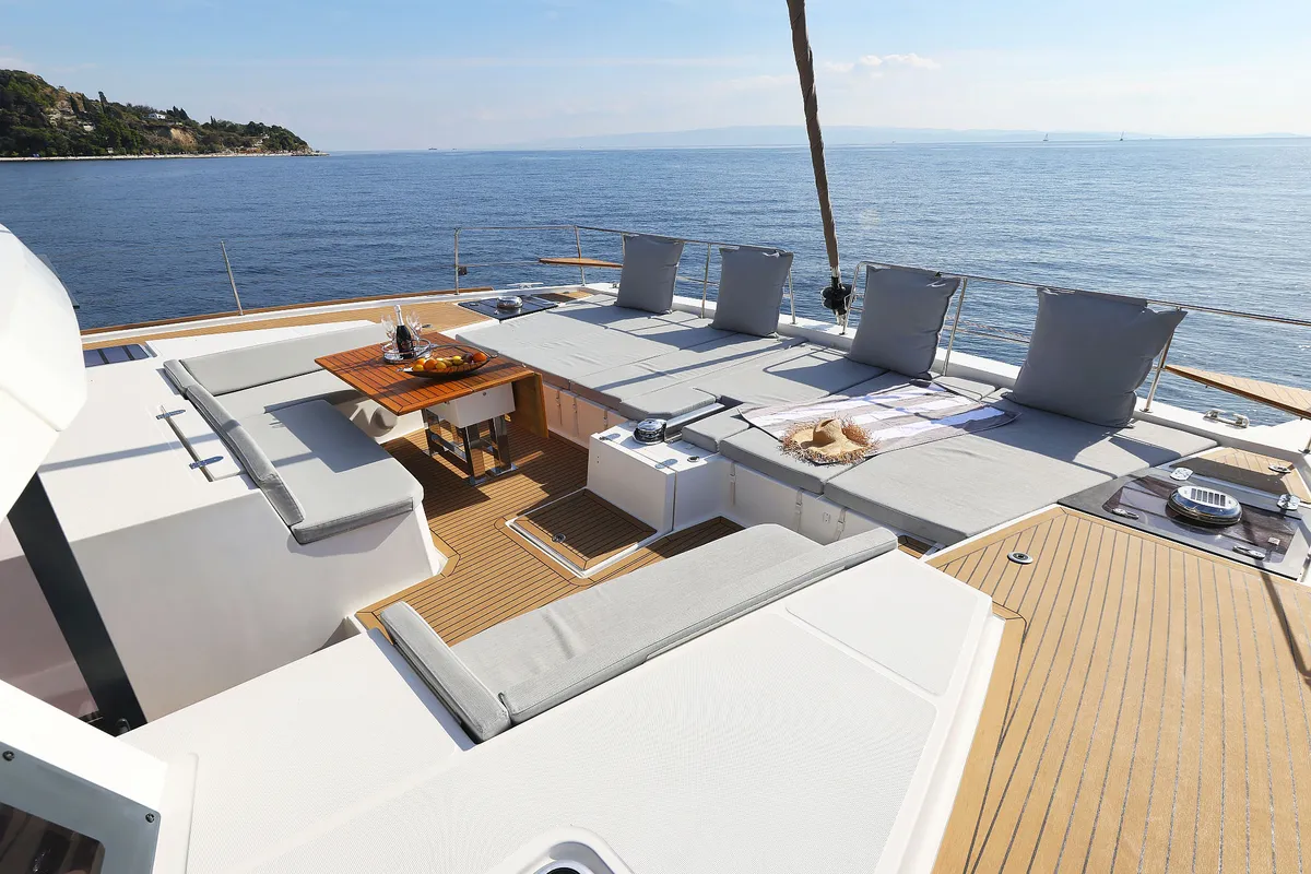 Deck of Marea I, a Bali 5.4 catamaran at Grad Kaštela, Croatia