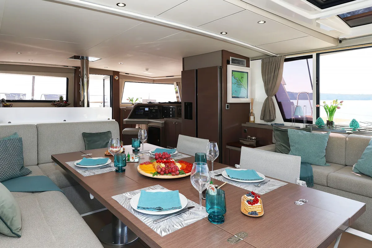 Salon of Marea I, a Bali 5.4 catamaran at Grad Kaštela, Croatia