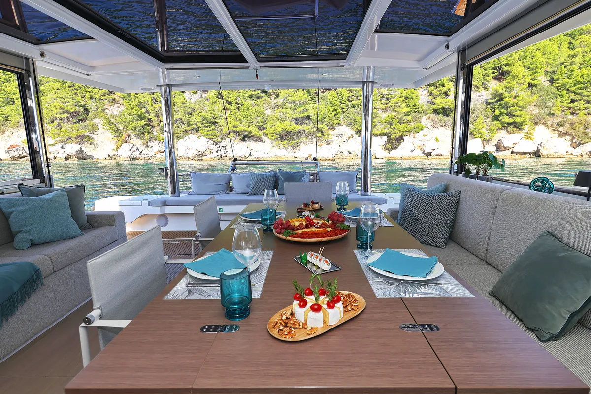 Salon of Marea I, a Bali 5.4 catamaran at Grad Kaštela, Croatia