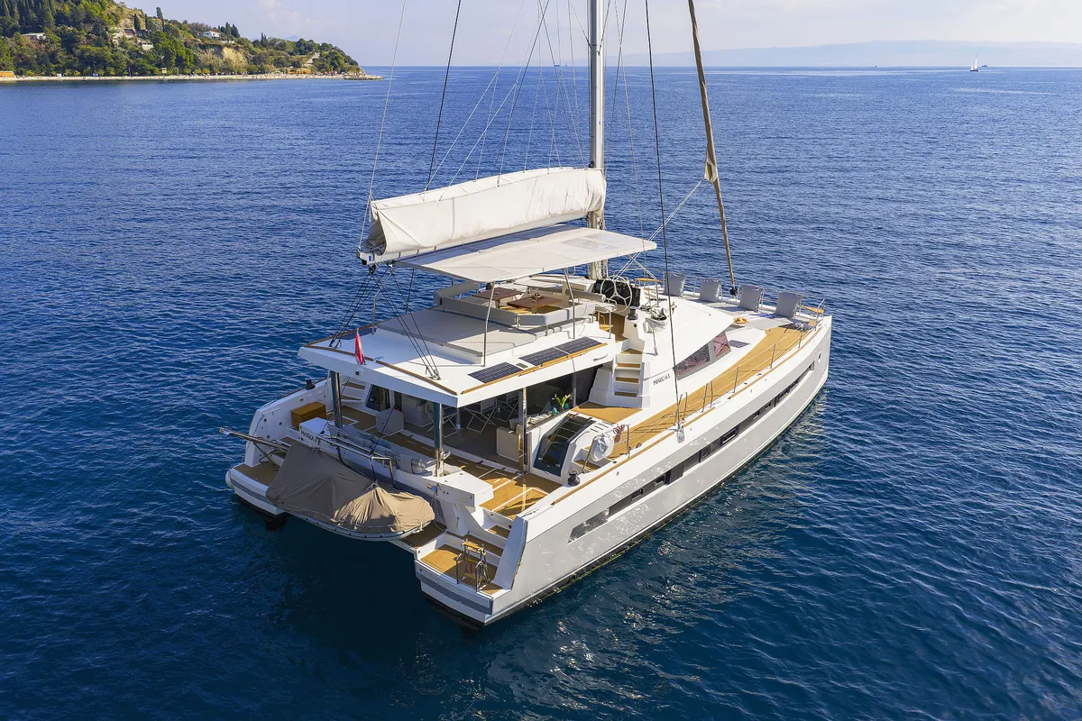 Exterior view of Marea I, a Bali 5.4 catamaran at Grad Kaštela, Croatia