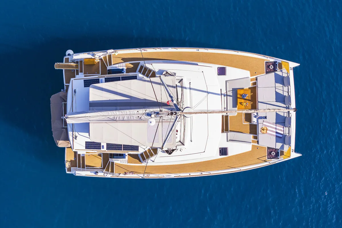 Exterior view of Marea I, a Bali 5.4 catamaran at Grad Kaštela, Croatia
