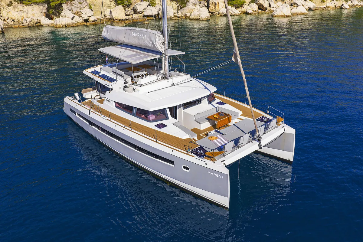 Exterior view of Marea I, a Bali 5.4 catamaran at Grad Kaštela, Croatia