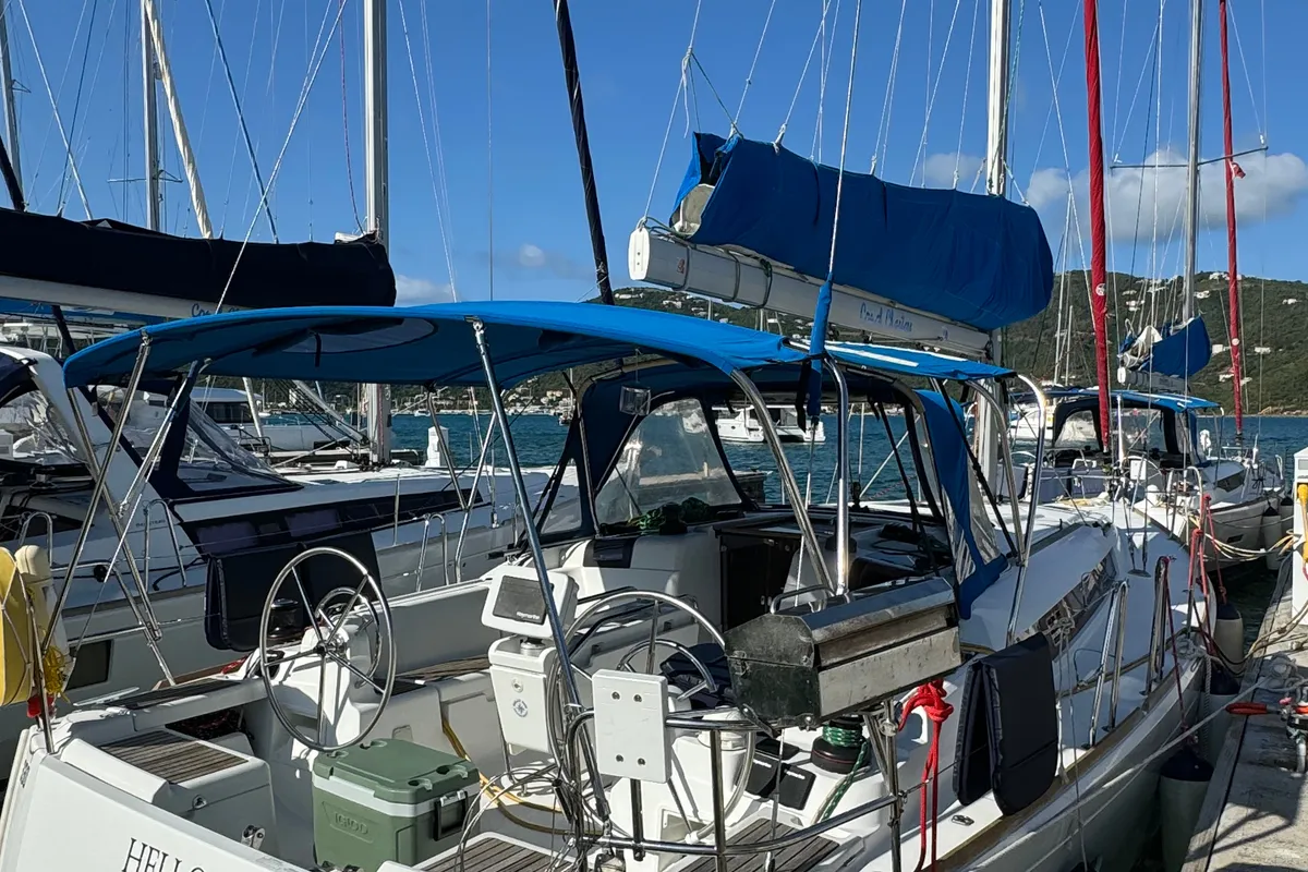 Deck of Hello Fun, a Jeanneau Sun Odyssey 419 sailboat at Road Town, British Virgin Islands