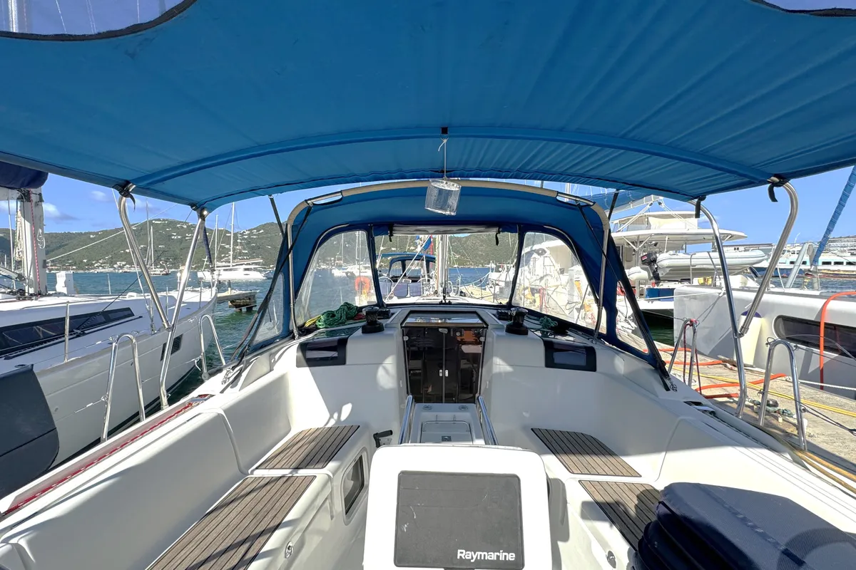 Cockpit of Hello Fun, a Jeanneau Sun Odyssey 419 sailboat at Road Town, British Virgin Islands