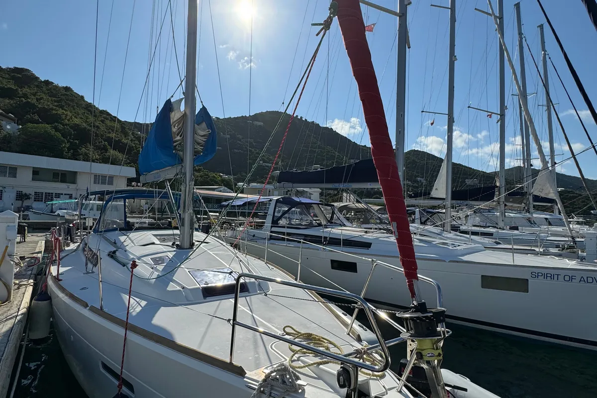 Exterior view of Hello Fun, a Jeanneau Sun Odyssey 419 sailboat at Road Town, British Virgin Islands