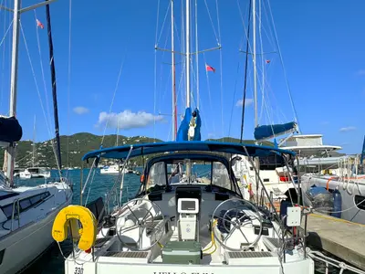 Cockpit of Hello Fun, a Jeanneau Sun Odyssey 419 sailboat at Road Town, British Virgin Islands