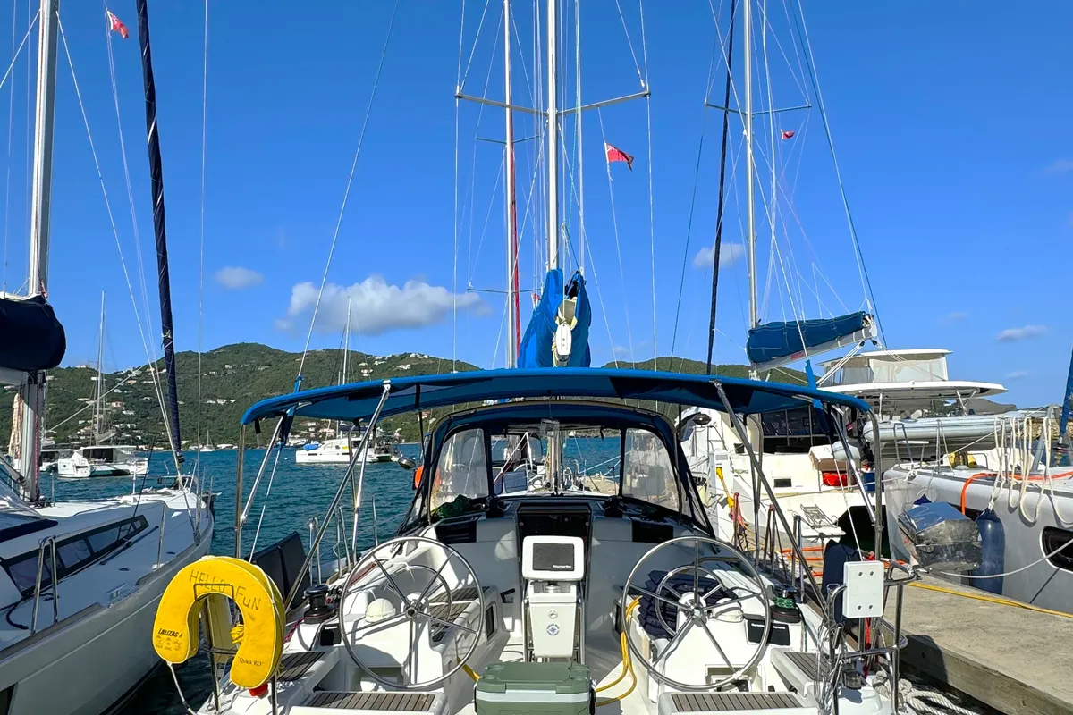 Cockpit of Hello Fun, a Jeanneau Sun Odyssey 419 sailboat at Road Town, British Virgin Islands