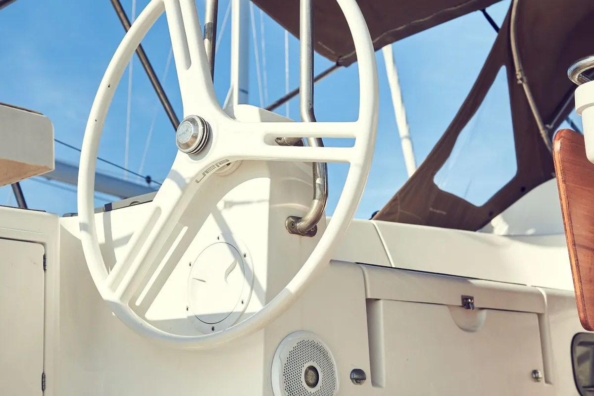 Cockpit of Six Friends, a Elan Impression 45 sailboat at Pula, Croatia