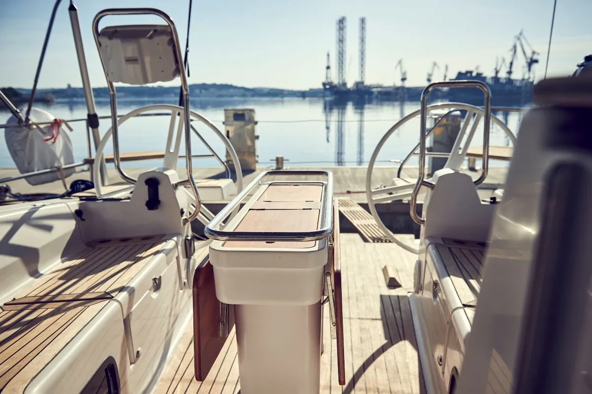 Cockpit of Six Friends, a Elan Impression 45 sailboat at Pula, Croatia
