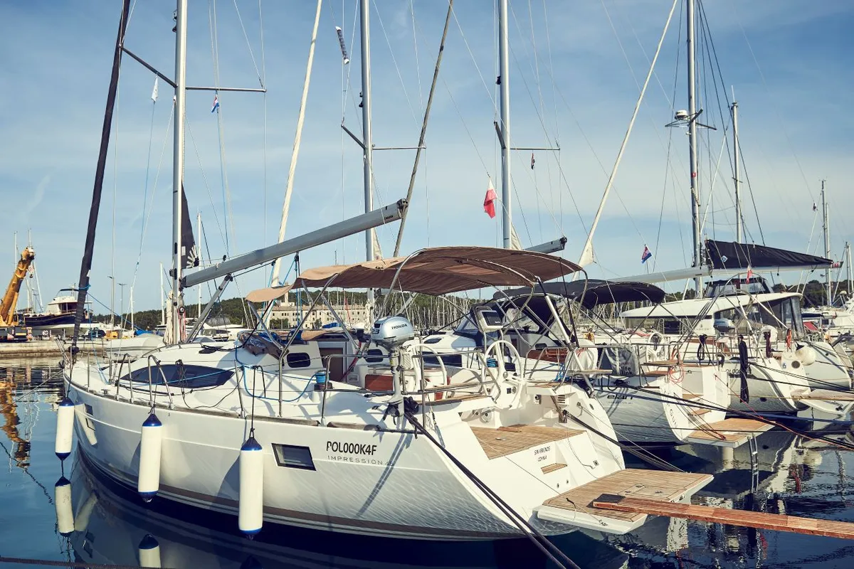 Exterior view of Six Friends, a Elan Impression 45 sailboat at Pula, Croatia