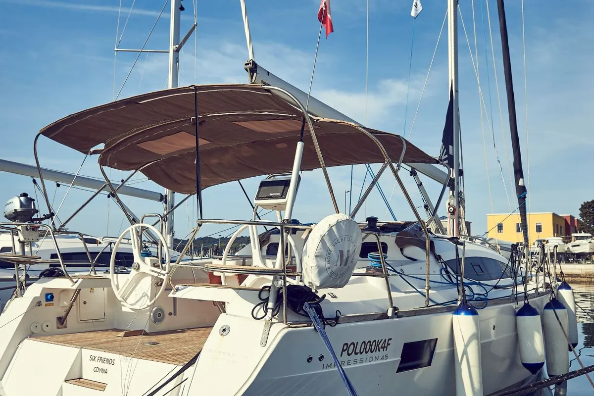 Exterior view of Six Friends, a Elan Impression 45 sailboat at Pula, Croatia