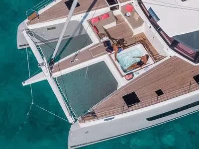 Deck of Chiloe, a Fountaine Pajot Alegria 67 catamaran at Ibiza, Spain