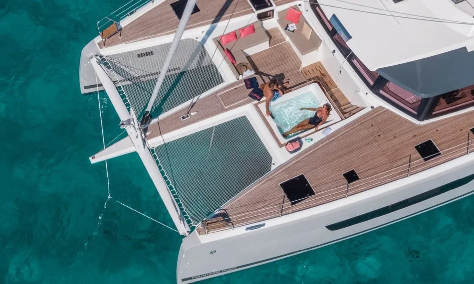 Deck of Chiloe, a Fountaine Pajot Alegria 67 catamaran at Ibiza, Spain