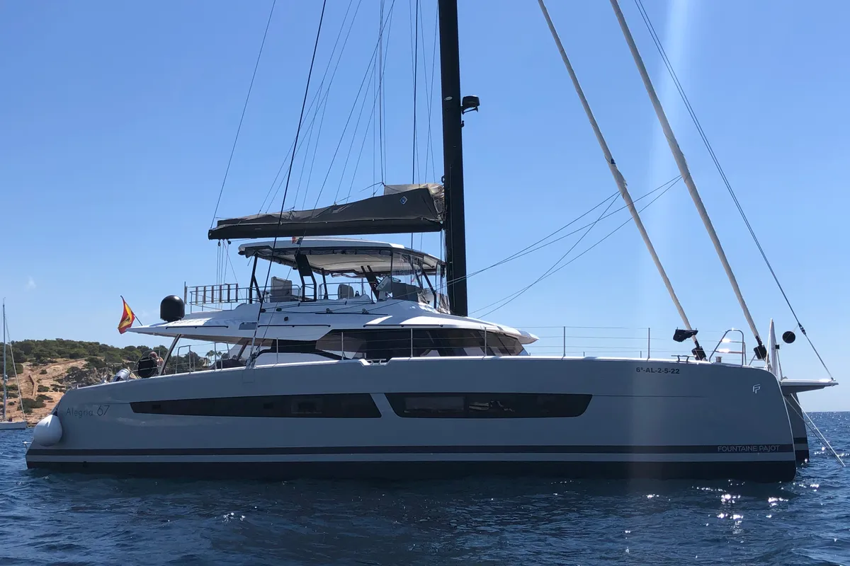 Exterior view of Chiloe, a Fountaine Pajot Alegria 67 catamaran at Ibiza, Spain