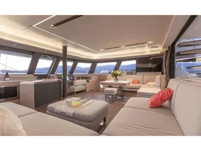 Salon of Chiloe, a Fountaine Pajot Alegria 67 catamaran at Ibiza, Spain
