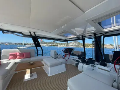 Cockpit of Chiloe, a Fountaine Pajot Alegria 67 catamaran at Ibiza, Spain