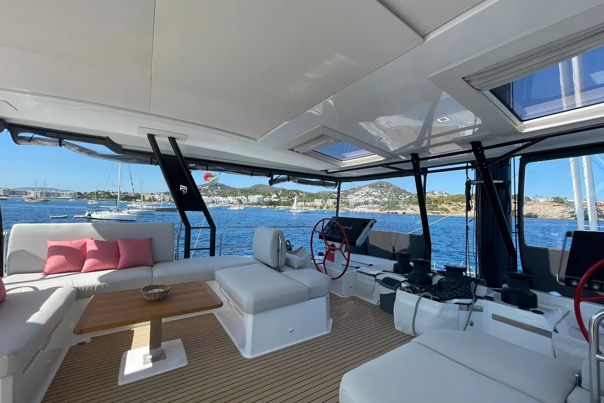 Cockpit of Chiloe, a Fountaine Pajot Alegria 67 catamaran at Ibiza, Spain