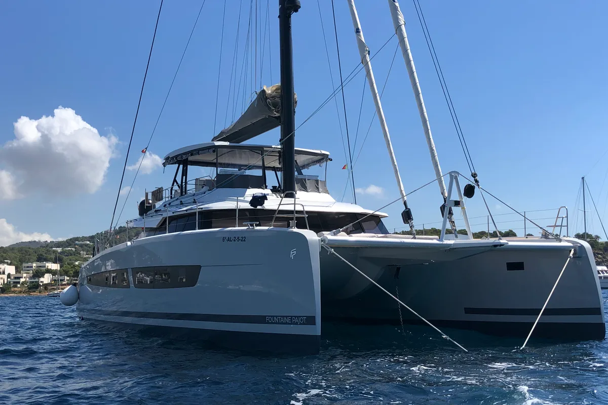 Exterior view of Chiloe, a Fountaine Pajot Alegria 67 catamaran at Ibiza, Spain