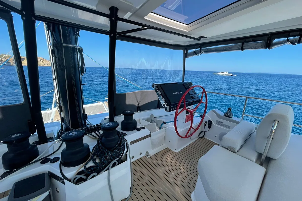 Cockpit of Chiloe, a Fountaine Pajot Alegria 67 catamaran at Ibiza, Spain