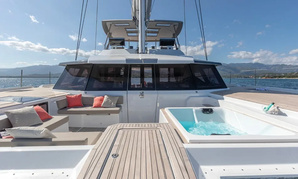 Deck of Chiloe, a Fountaine Pajot Alegria 67 catamaran at Ibiza, Spain