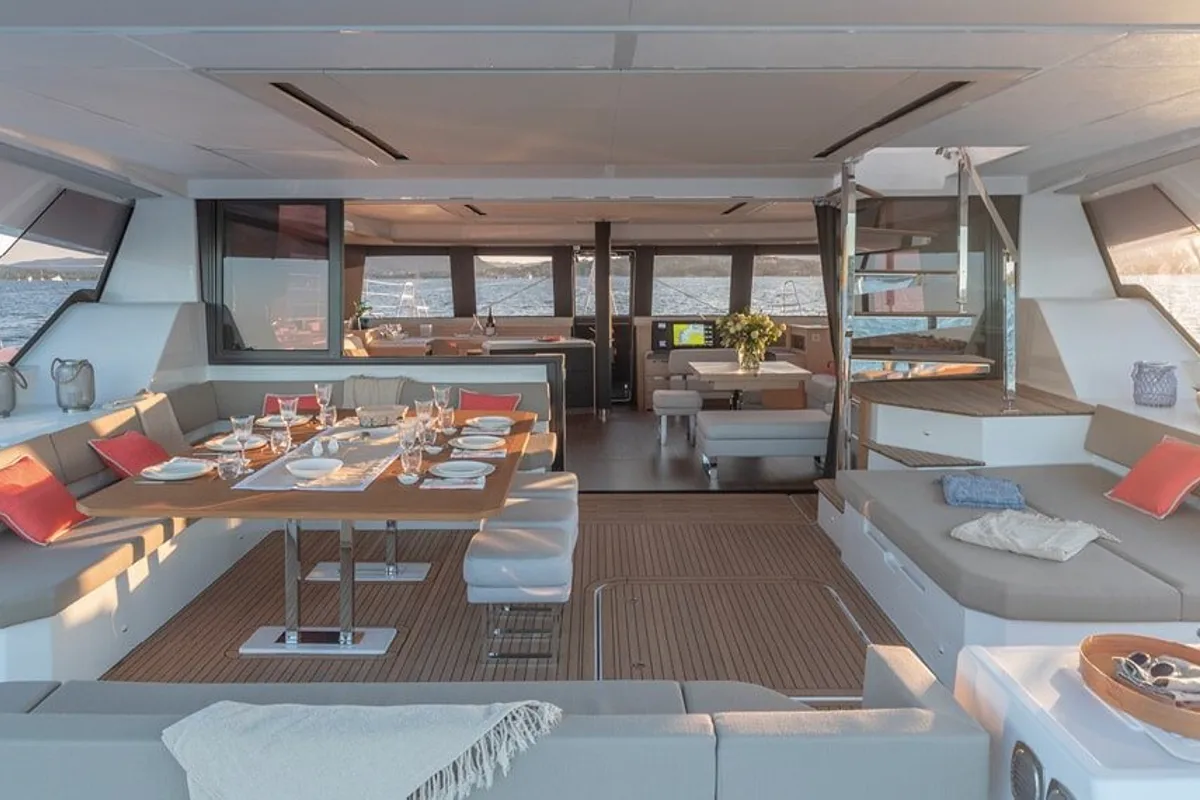 Deck of Chiloe, a Fountaine Pajot Alegria 67 catamaran at Ibiza, Spain