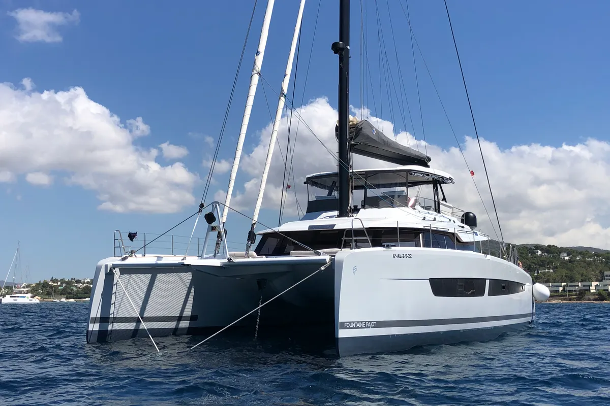 Exterior view of Chiloe, a Fountaine Pajot Alegria 67 catamaran at Ibiza, Spain