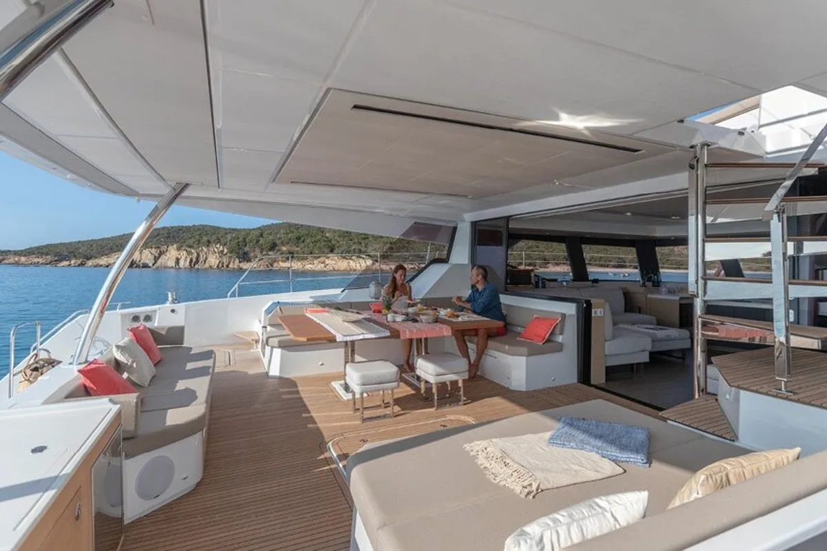 Deck of Chiloe, a Fountaine Pajot Alegria 67 catamaran at Ibiza, Spain