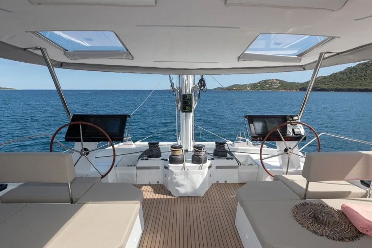 Cockpit of Chiloe, a Fountaine Pajot Alegria 67 catamaran at Ibiza, Spain