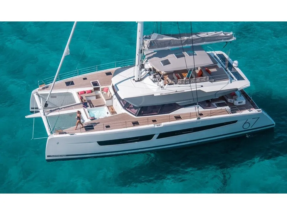 Exterior view of Chiloe, a Fountaine Pajot Alegria 67 catamaran at Ibiza, Spain