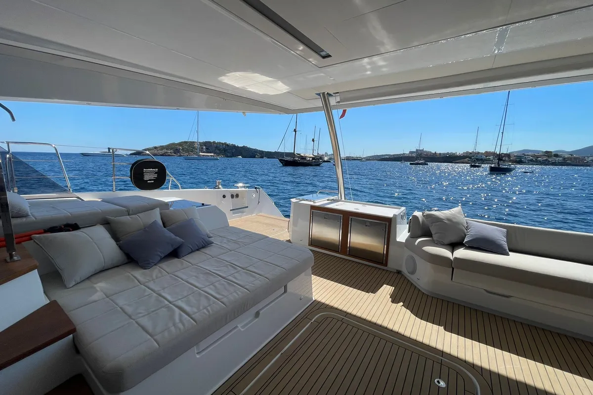 Deck of Chiloe, a Fountaine Pajot Alegria 67 catamaran at Ibiza, Spain
