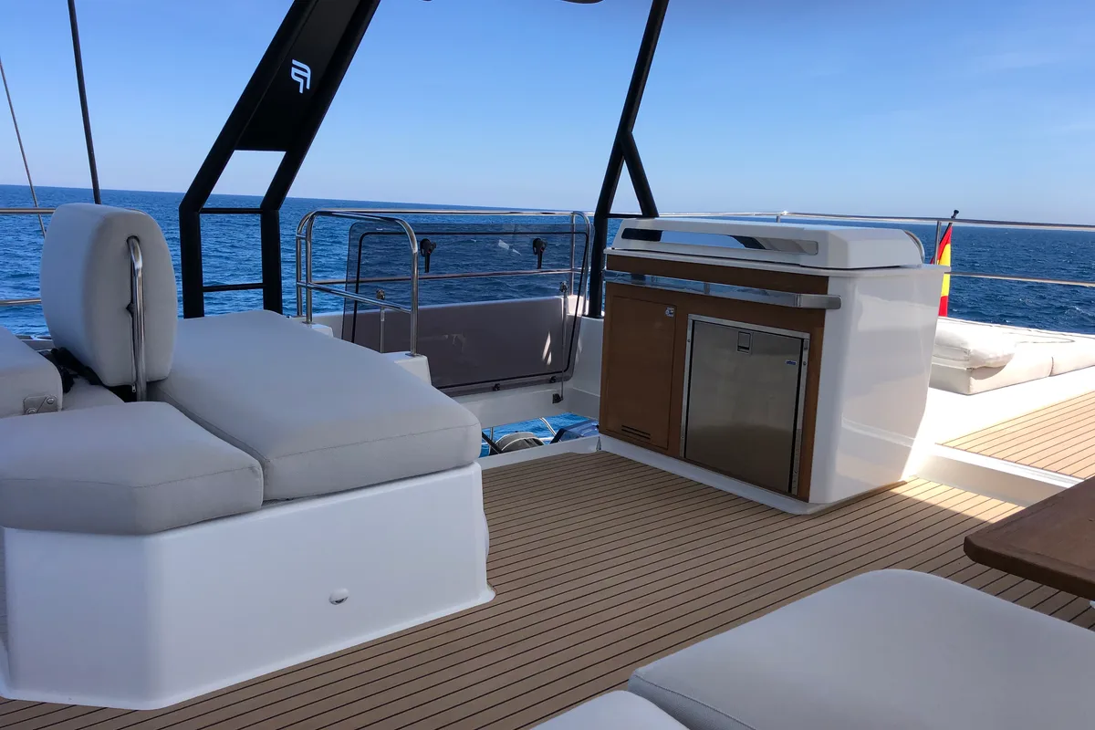 Deck of Chiloe, a Fountaine Pajot Alegria 67 catamaran at Ibiza, Spain