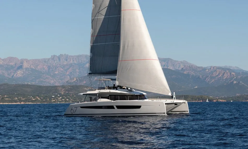 Exterior view of Chiloe, a Fountaine Pajot Alegria 67 catamaran at Ibiza, Spain
