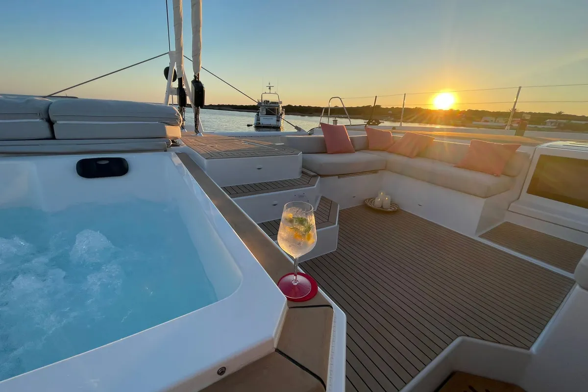 Deck of Chiloe, a Fountaine Pajot Alegria 67 catamaran at Ibiza, Spain