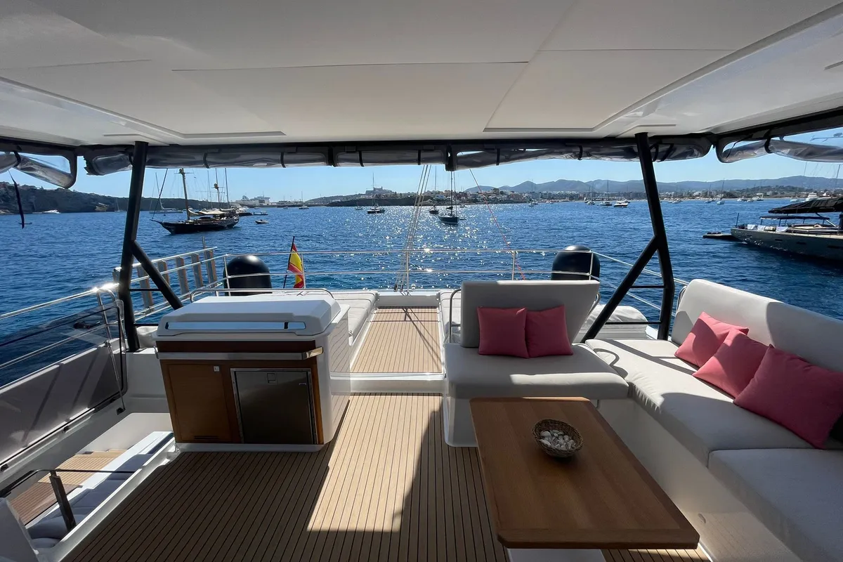 Deck of Chiloe, a Fountaine Pajot Alegria 67 catamaran at Ibiza, Spain