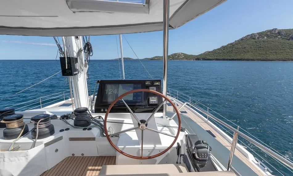 Cockpit of Chiloe, a Fountaine Pajot Alegria 67 catamaran at Ibiza, Spain