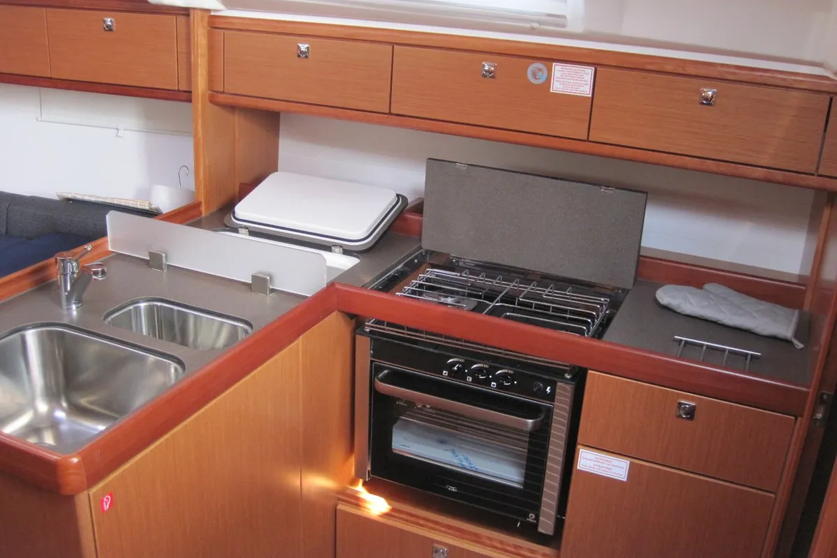 Galley of Fiamma, a Bavaria Cruiser 37 sailboat at Capo d'Orlando, Italy
