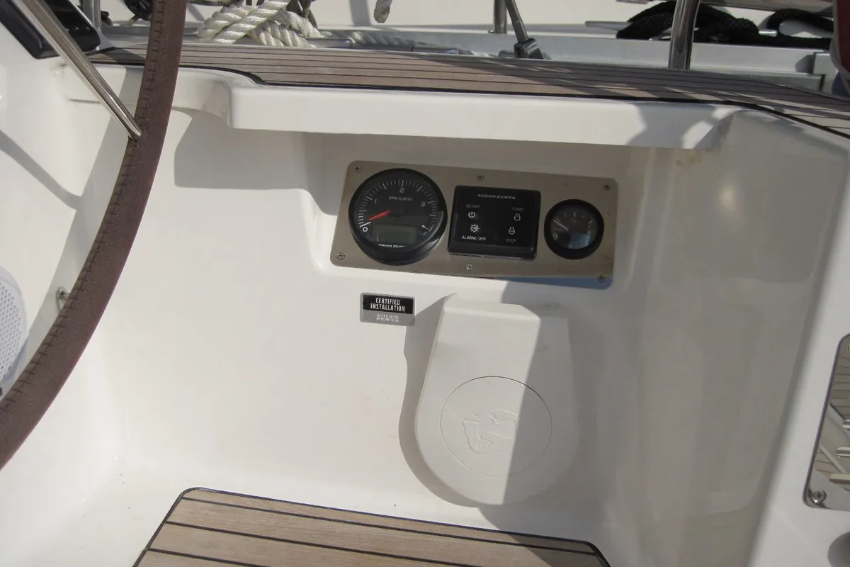 Cockpit of Fiamma, a Bavaria Cruiser 37 sailboat at Capo d'Orlando, Italy