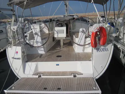 Deck of Fiamma, a Bavaria Cruiser 37 sailboat at Capo d'Orlando, Italy